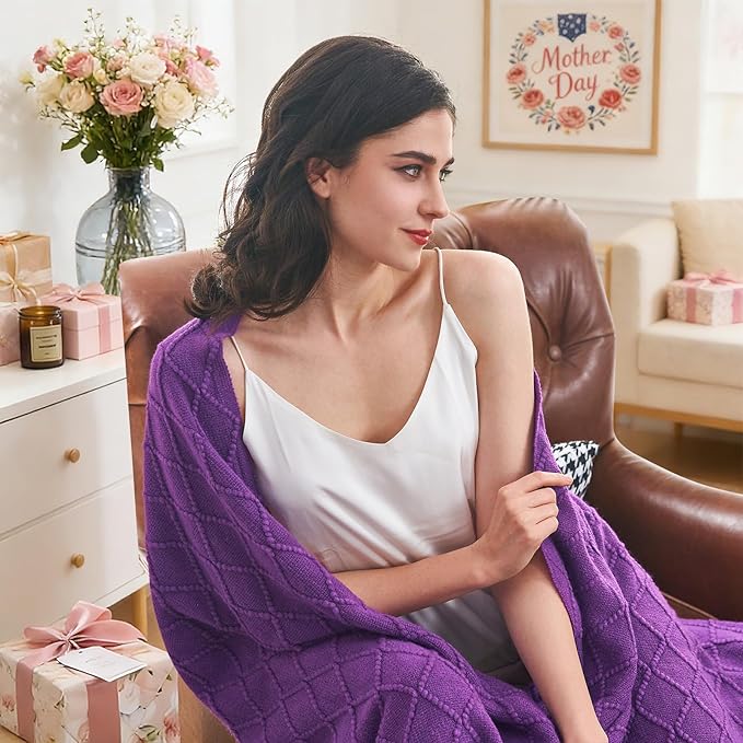 inhand Purple Knitted Throw Blanket for Couch Bed, Mothers Day/Mom Birthday Gifts for Mom from Daughter Son, Soft Lightweight with Tassels, Farmhouse Warm Decorative Blanket for Women, 60"x80"
