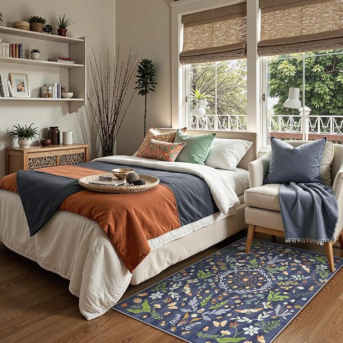 Lahome Chloe Insect Botanical 3x5 Washable Kitchen Rugs for Entryway, Soft Blue Bedroom Rug, Boho Floral Non Slip Indoor Throw Carpet for Bathroom Laundry Living Room(Dark Blue,3x5)