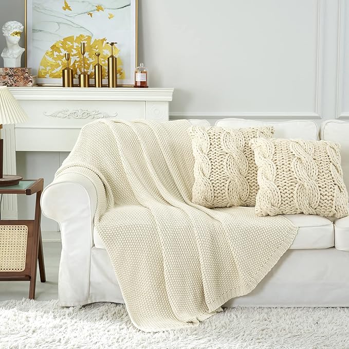Chunky Cable Knit Throw Blanket Lightweight Cream 100% Organic Cotton Blanket for Sofa Couch Bed Baby Nursery, Rustic Shabby Chic Modern Farmhouse, 51” x 63” Give Laundering Bag