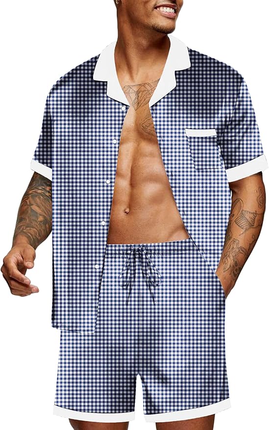 Ekouaer Men Satin Silk Pajamas Set with Pockets Sleepwear Shorts Satin Summer Loungewear 2 Piece Button Down Set S-3XL