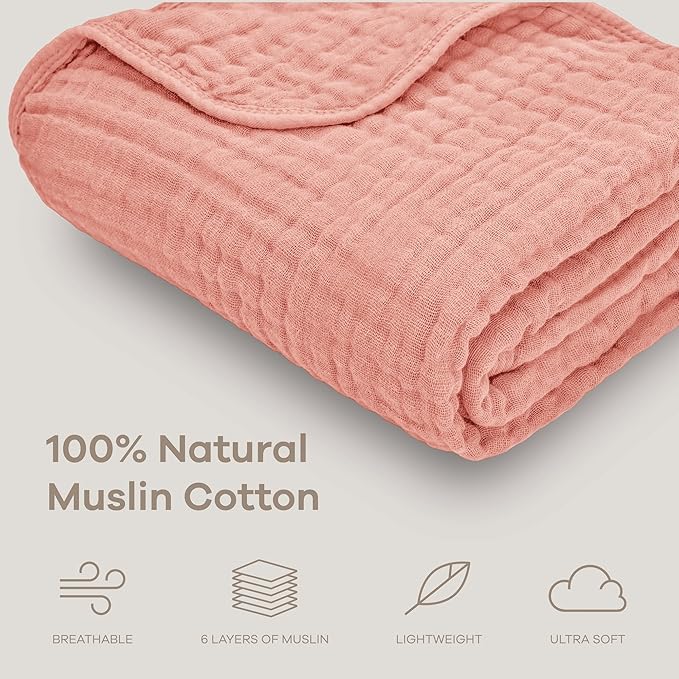 Comfy Cubs Muslin Baby Blanket - Soft, Lightweight, 6-Layer Cotton Swaddle Blankets for Newborns, Infants & Toddlers - 40" x 40" Large, Breathable & Versatile for Sleeping & Tummy Time - Bold Blush