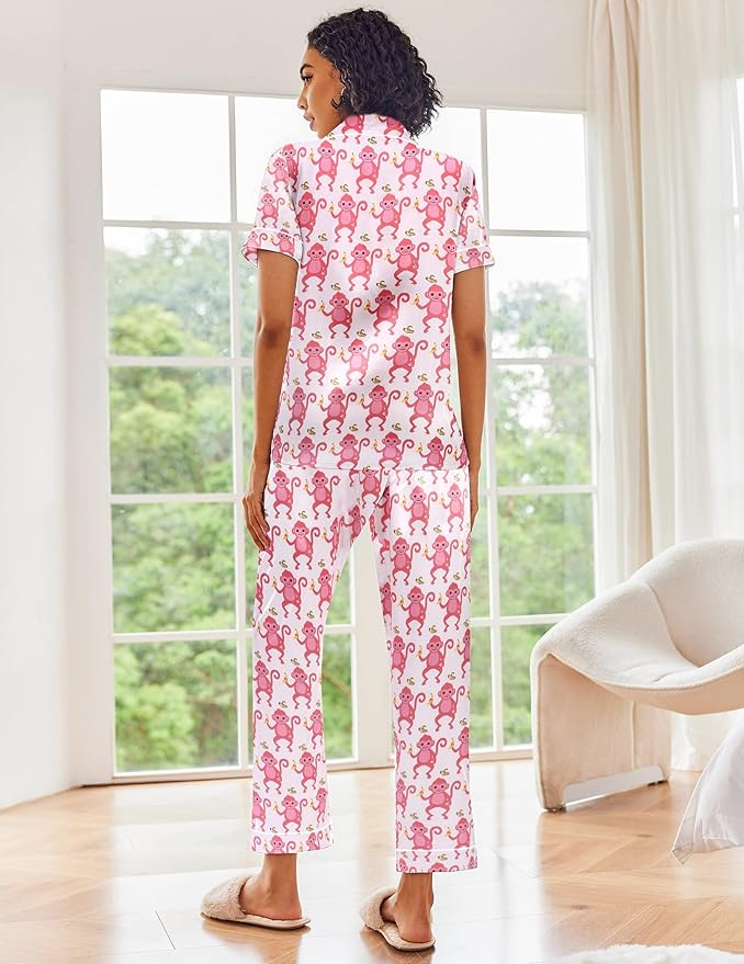 Ekouaer Silk Satin Pajamas Set Women Short Sleeve Sleepwear Soft Button Down Loungewear Pjs Set