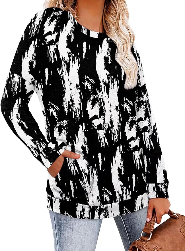 Magritta Women's Long Sleeve Leopard Color Block Tunic Comfy Crewneck T Shirt Tops Black XL