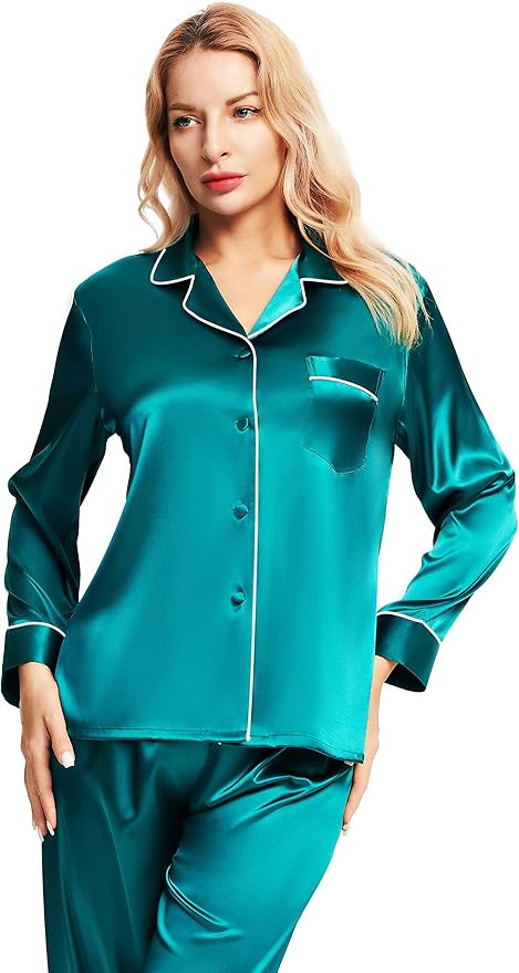 SIHA Satin Silk Pajamas for Women Pajama Set With Long Sleeve Button-Down Satin Pajamas Sleepwear XS-3XL