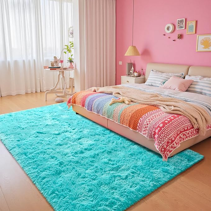 junovo Blue Washable Area Rug for Girls Bedroom Living Room, 5x8 Soft Non-Slip Fluffy Rugs, Shag Plush Memory Foam Carpet for Kids Room Baby Nursery Home Decor