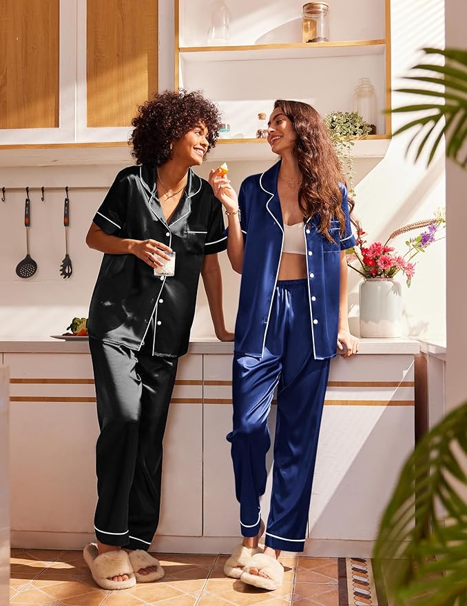Ekouaer Satin Pajamas Set Women Short Sleeve Sleepwear Soft Button Down Loungewear Pjs Set