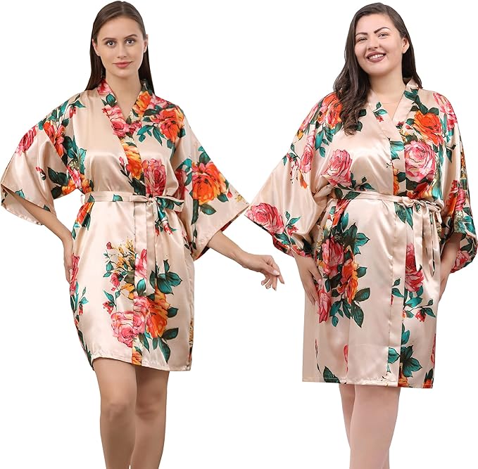 QXQTER Peony Floral Silky Satin Robe Wedding Bridal Party Bride Bridesmaid Robes for Women Dressing Gown Kimono Robe