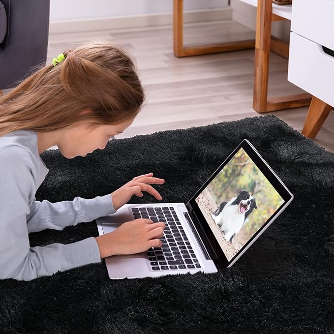 Softlife Area Rug for Living Room, Fluffy Shag Plush 5.3x7.6 Black Rugs for Bedroom Girls, Shaggy Soft Fuzzy Kids Large Carpet for Dorm Bedside Ultra Cozy Non-Slip Indoor Decor