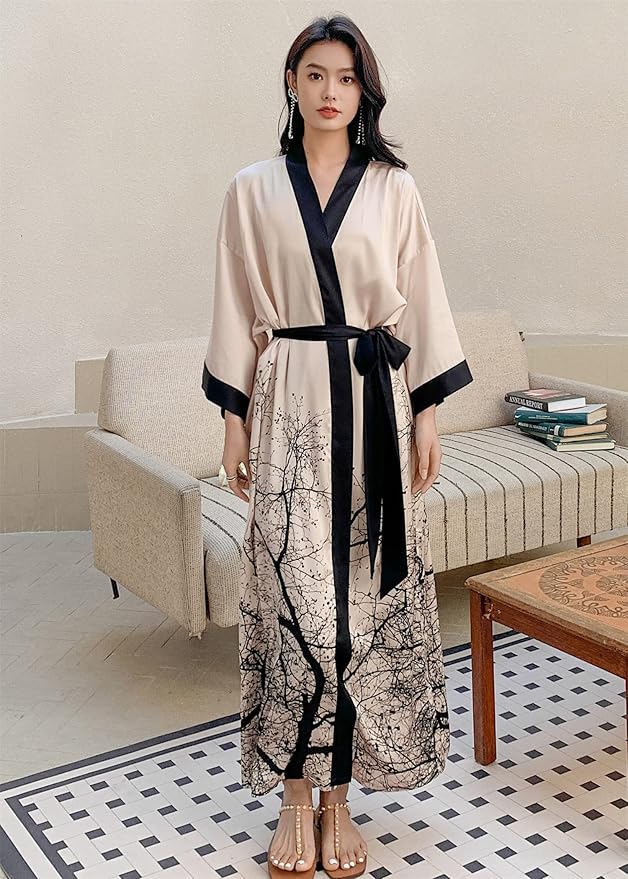 Kihnop Women's Floral Long Kimono Robe Long Satin Robe Long Silk Robe Ladies Kimonos Silky Bathrobe Cover Up, One Size