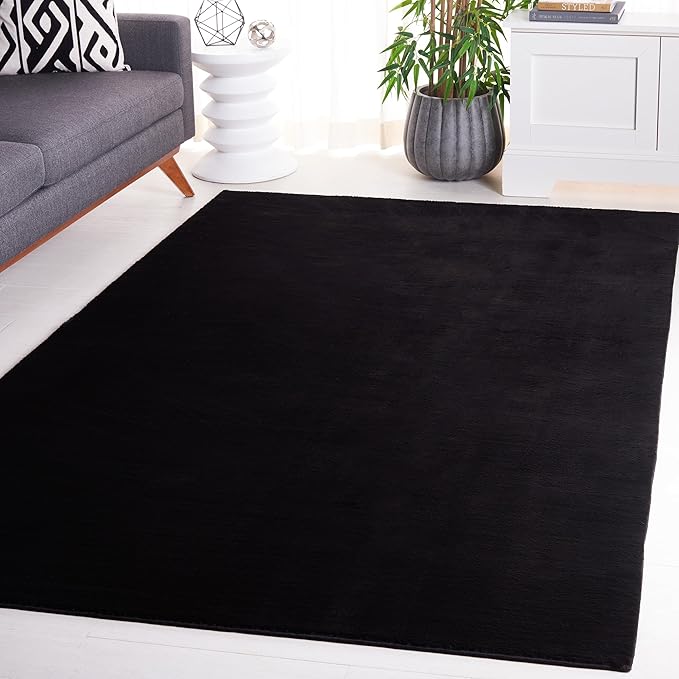 SAFAVIEH Washable Rug Faux Rabbit Fur Shag Collection - 5' x 7', Black, Slip Resistant & Easy Cleaning, Ideal for Living Room, Bedroom, Kids Playroom, Nursery, Dining Space (FRF100Z)