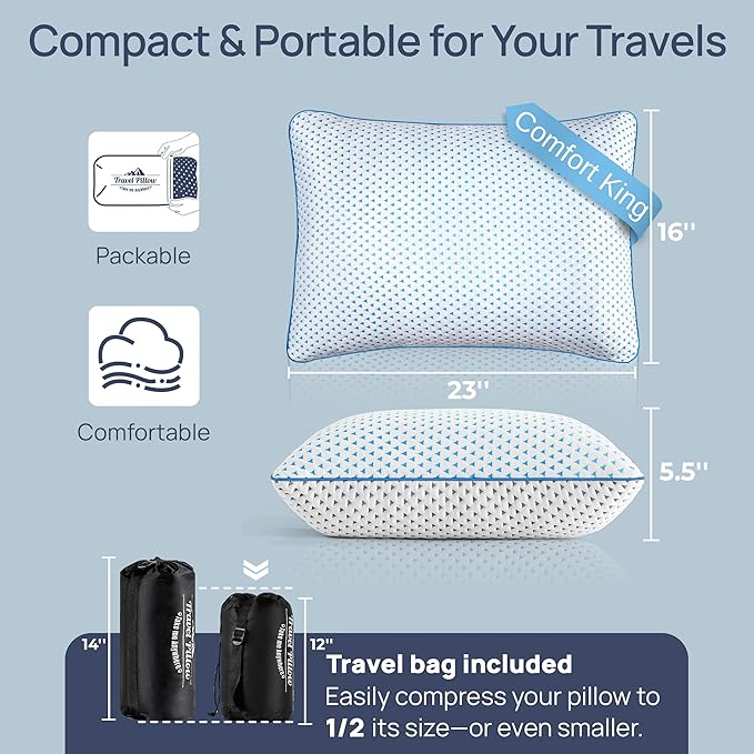 Cooling Shredded Memory Foam Travel & Camping Pillow Large, Adjustable College Dorm Pillow for Home-Like Comfort,Compressible Portable & Medium Firm Neck Support, Ideal Sleeping, Car, Airplane