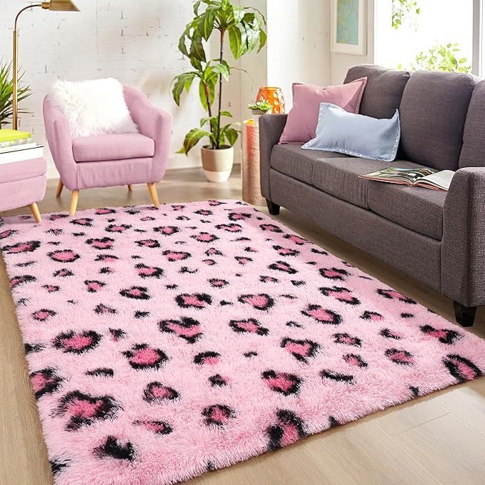 HOMORE Leopard Print Rugs, 4x6 Feet Pink Leopard Rug for Girls Bedroom, Soft Cheetah Print Rugs for Living Room Western Decor, Modern Indoor Fluffy Area Rug for Kids Nursery Dorm Decor