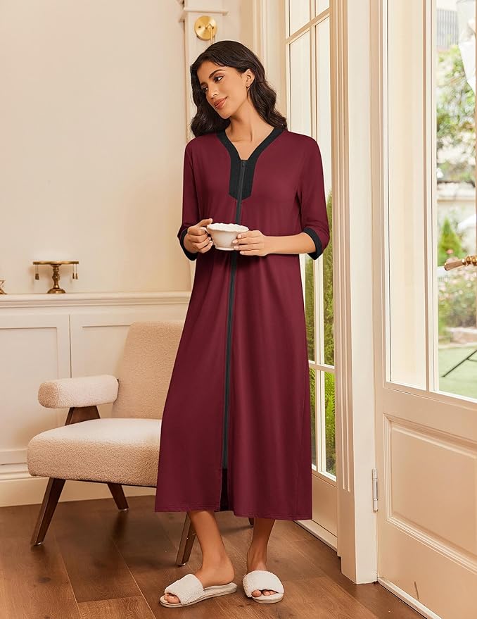 Ekouaer Women's Zipper Robe 3/4 Sleeves Housecoat Full Length Nightgown Soft Loungewear Robe with Pockets S-3XL