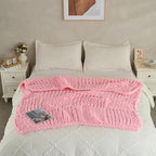 Chunky Knit Blanket Throw 50x60 Inches,Handmade Cable Knit Crochet Blanket,Cozy Lightweight All Season,Wrinkle-Resistant Polyester for Couch Bed Sofa Reading Nook, Beige,Pink