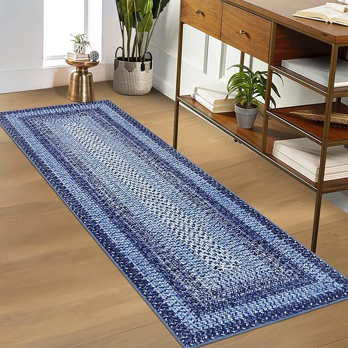 RUGSREAL 2x6 Runner Rug Braided Print Hallway Runner Rug Boho Rug Machine Washable Throw Floor Cover Non Slip Moroccan Carpet for Kitchen Farmhouse Rustic Runner for Living Room Bedroom, Navy