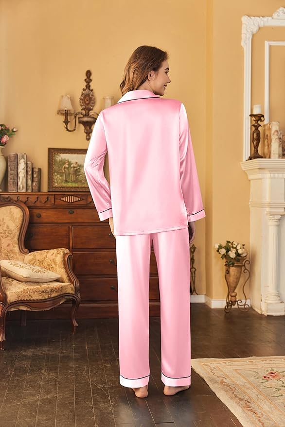 Ekouaer Women's Classic Button Down Long Satin Silk Pajama Set