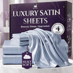 SLEEP SANCTUARY Satin Sheets Queen Size – 4 Piece Luxury Silky Bed Set, Softer Than Silk, 15" Deep Pocket, Cooling & Wrinkle-Free, Moisture-Wicking & Breathable for Hair & Skin (Baby Blue)