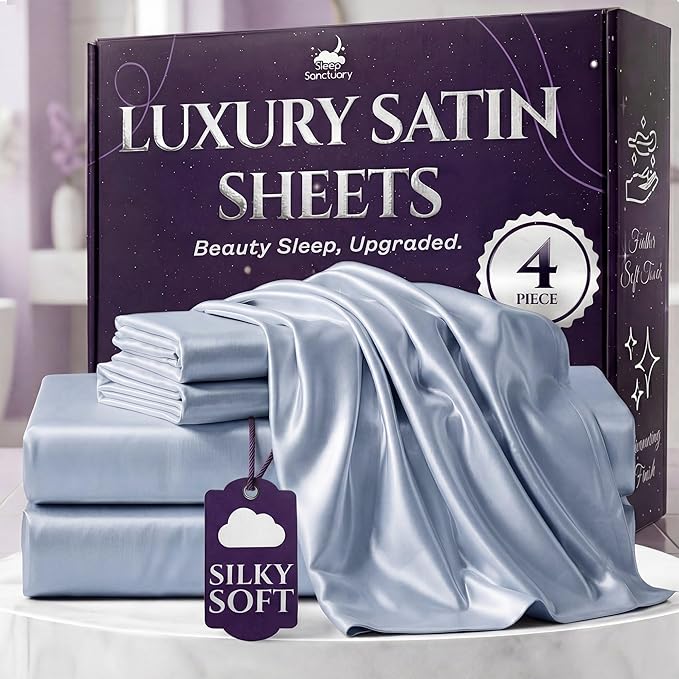 SLEEP SANCTUARY Satin Sheets Queen Size – 4 Piece Luxury Silky Bed Set, Softer Than Silk, 15" Deep Pocket, Cooling & Wrinkle-Free, Moisture-Wicking & Breathable for Hair & Skin (Baby Blue)