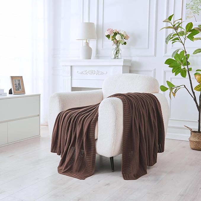 Douceur Brown Throw Blanket for Bed, Soft Cozy Lightweight Stripe Pattern Knitted Throw Blanket for Sofa, Living Room Gift, 60"X80"