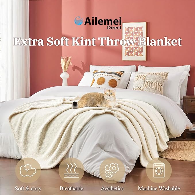 Ailemei Direct Knit Throw Blanket for Bed, Soft Thin Blankets for Sofa, Couch, Camping, Office Chair, Cozy Touch Lightweight Breathable Blanket All Season Use, Cream 50"x70"