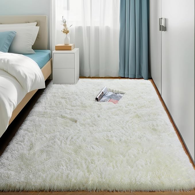 Amdrebio Ivory Rugs for Living Room Bedroom, 6x9 Soft Fluffy Area Rug for Kids Nursery, Furry Fuzzy Plush Shaggy Cream White Carpet for Classroom Playroom Home Decor, Cute Modern Thick Neutral Rug