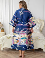 Women's Floral Long Satin Robes Plus Size Long Silk Robes Peacock Floral Kimonos Sleepwear Dressing Gown