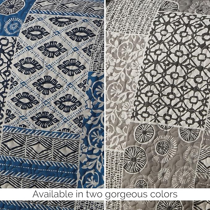 Southshore Fine Living, Inc. Global Patchwork California King Quilt Sets Oversized, 3-Piece African Inspired Print Quilt with Shams, Quilted Coverlet, Soft Microfiber, California King Bed Spread, Blue