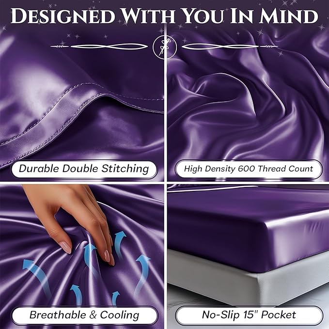 SLEEP SANCTUARY Satin Sheets Twin Size – 3 Piece Luxury Silky Bed Set, Softer Than Silk, 15" Deep Pocket, Cooling & Wrinkle-Free, Moisture-Wicking & Breathable for Hair & Skin (Purple)