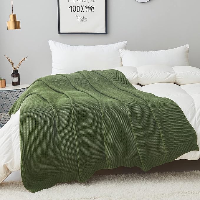 Longhui bedding Olive Green Cotton Cable Knit Throw Blanket for Couch Sofa Bed, Home Decorative Lightweight Knitted Blankets with Bonus Laundering Bag, 60“ x 80”, Machine Washable