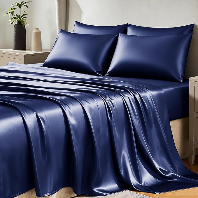 CozyLux Satin Sheets Queen Size Bed Set - 6 Piece Silky Queen Sheet Set, Luxury Navy Blue Queen Sheets with Smooth and Soft Microfiber, Includes 1 Fitted Sheet, 1 Flat Sheet and 4 Pillowcases