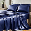 CozyLux Satin Sheets Queen Size Bed Set - 6 Piece Silky Queen Sheet Set, Luxury Navy Blue Queen Sheets with Smooth and Soft Microfiber, Includes 1 Fitted Sheet, 1 Flat Sheet and 4 Pillowcases
