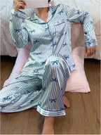 WDIRARA Women's 2 Piece Bowknot Print Satin Pajama Set Long Sleeve Button Down Lounge Pants Sleepwear Sets