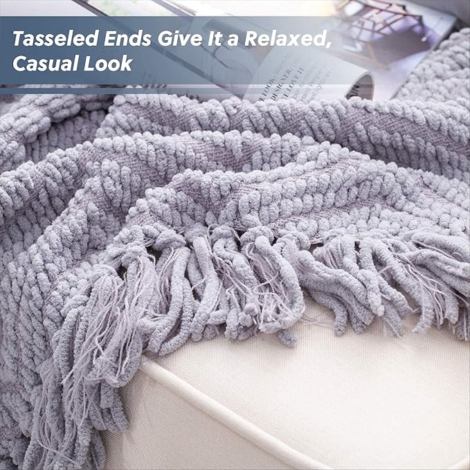Bedsure Throw Blankets for Couch - Textured Chunky Knit Woven Chenille Blanket - Super Soft, Warm Decorative Boho Throw with Tassels for Bed, Sofa and Living Room Decor, Grey, 50x60 Inches