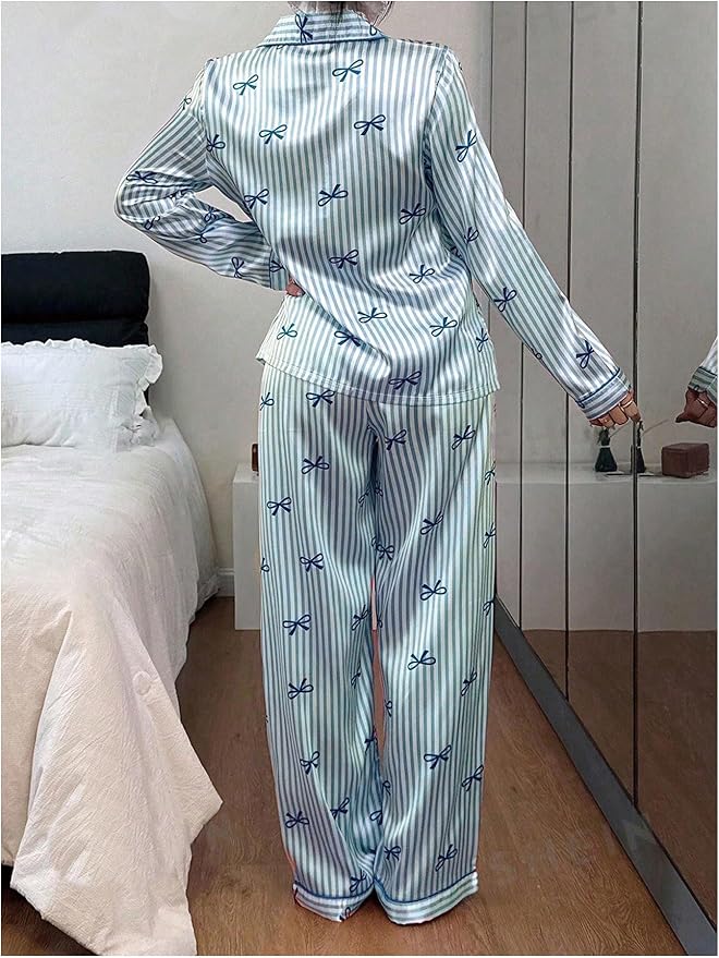 WDIRARA Women's 2 Piece Bowknot Print Satin Pajama Set Long Sleeve Button Down Lounge Pants Sleepwear Sets