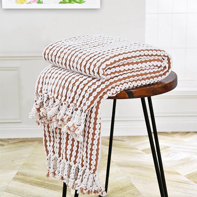 Striped Knit Throw Blanket with Braided Tassels 50" x 60", Hand Knitted Soft Chunky Chain Design Boho Farmhouse Blanket, Two Tone Tassel Decor Throw for Couch Bed Sofa Outdoor, Camel White