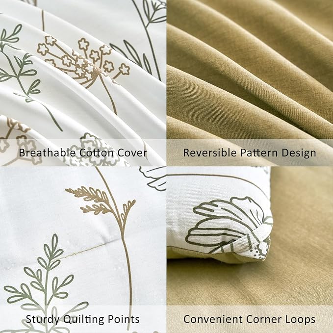 ALEISSEL White Botanical Cotton Comforter King Size - 3PC Lightweight Bedding Sets with Ultra-Soft Alternative Fill, Luxurious Pale Mustard Reversible Design (1 Comforter, 2 Pillowshams)