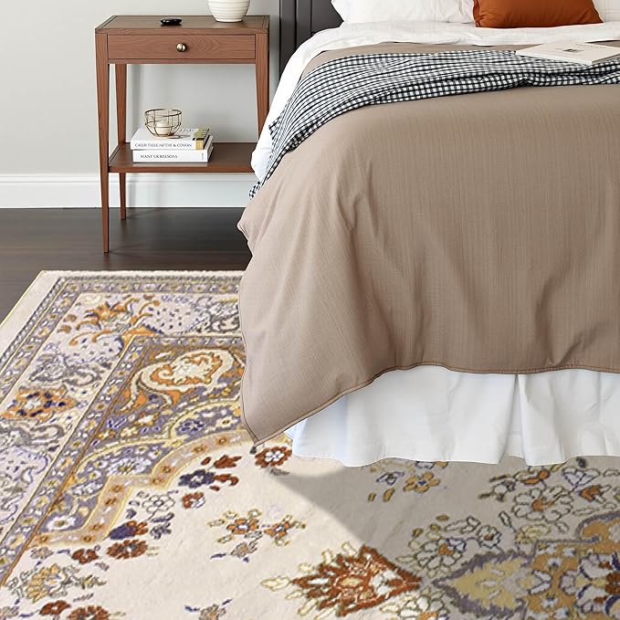 CRYPTOLITE Vintage Area Rug 5x8 Rugs, Machine Washable Vintage Area Rug Non-Slip Low Pile Large Rug for Living Room, Bedroom, Farmhouse, Dining Room, Beige