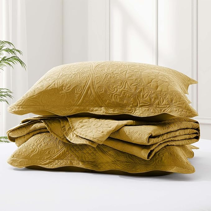 IR Imperial Rooms 10 Pack Queen Quilt Bedding Set (90" x 96") - Bulk Wholesale for Hotels, Guest Bedroom & Airbnbs - Lightweight Microfiber Reversible Floral Embossed Quilts Bedspreads (Ochre)