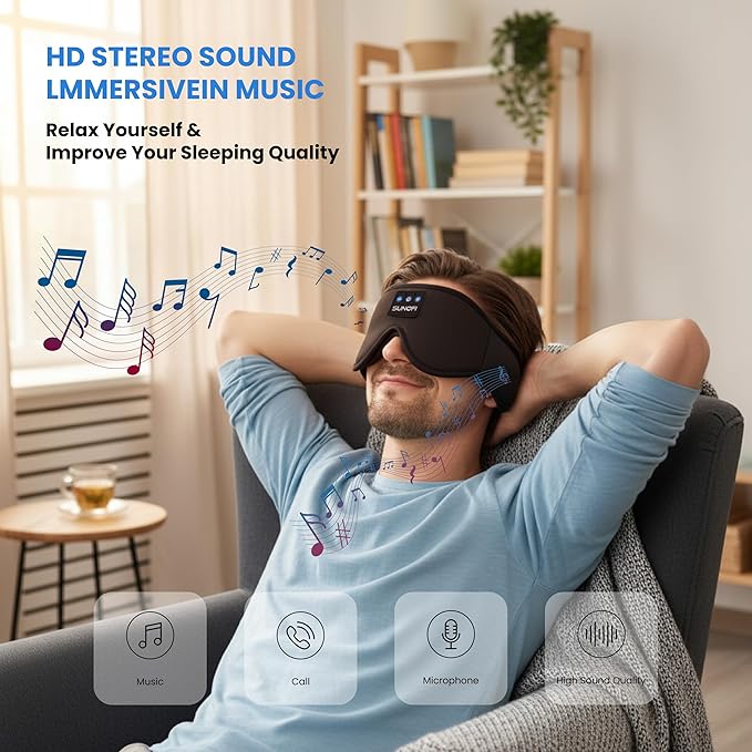 Sleep Headphones Bluetooth 5.4, 3D Sleep Mask with Ultra-Thin HD Stereo Speakers, Wireless Music Eye Mask Headphones for Side Sleepers, Travel, Relaxation
