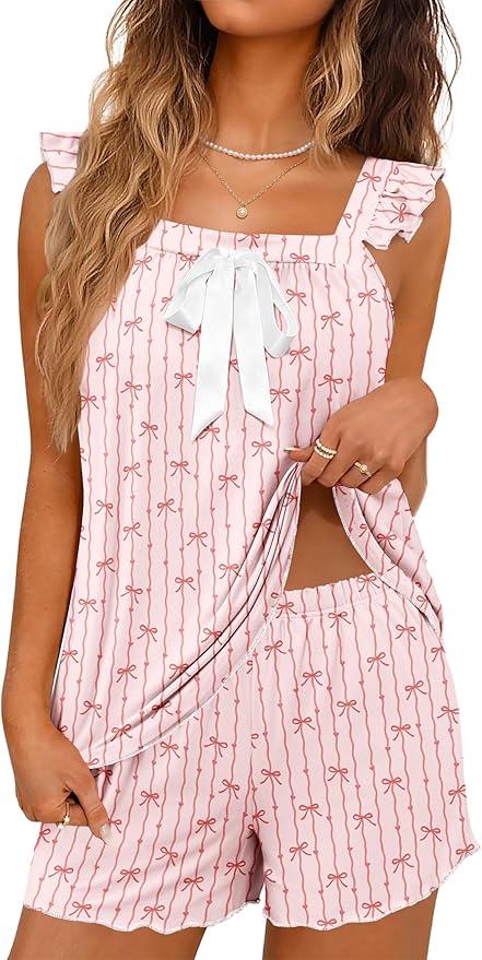 Ekouaer Women's Pajamas Sets 2 Piece Bow Bridal Pajama Cute Tank Top and Shorts Pjs Soft Ruffle Sleepwear XS-2XL