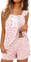 Ekouaer Women's Pajamas Sets 2 Piece Bow Bridal Pajama Cute Tank Top and Shorts Pjs Soft Ruffle Sleepwear XS-2XL