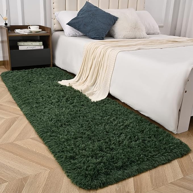 Deep Green Runner Area Rugs for Bedroom Living Room, 2x6 Feet Fluffy Bedside Rugs, Soft Shaggy Carpet Rug for Kids Room Nursery, Furry Cute Rugs for Girls Boys Dorm Room Home Decor