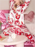 WDIRARA Women's 2 Piece Bowknot Print Satin Pajama Set Long Sleeve Button Down Lounge Pants Sleepwear Sets