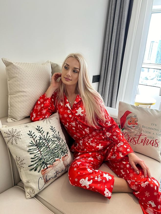 Ekouaer Women Satin Silk Pajamas Classic Long Sleeve Button Down Pjs Set Soft Loungewear