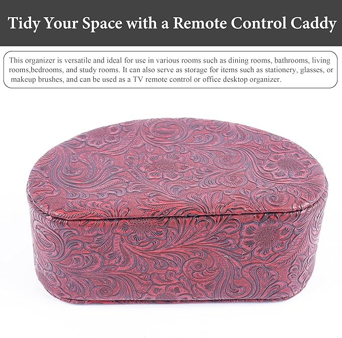 QIELIZI Remote Control Holder, PU Leather Remote Caddy Desktop Organizer with 5 Spacious Compartments for TV Remotes/Media Controllers/Office Supplies (1-Carved3 Red