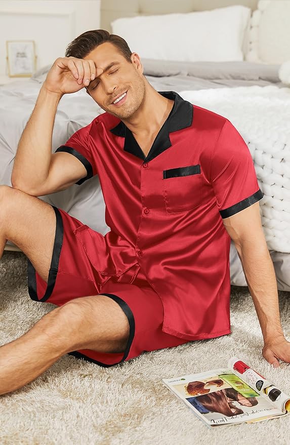 Ekouaer Men Satin Silk Pajamas Set with Pockets Sleepwear Shorts Satin Summer Loungewear 2 Piece Button Down Set S-3XL