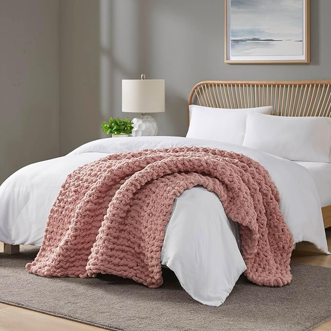 Madison Park Chenille Chunky Knit Handmade Throw Blanket, Luxuriously Soft Gift Blankets, Cottage Style Room Décor, Lightweight & Breathable All Seasons Throw Blanket for Couch, 50" W x 60" L Blush