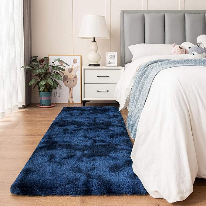 duduta Navy Blue Fluffy Plush Runner Rugs 2x6 ft Tie Dye Rectangle Shag Rug for Bedroom Dorm Living Room Kids Room, Machine Washable Anti-Slip