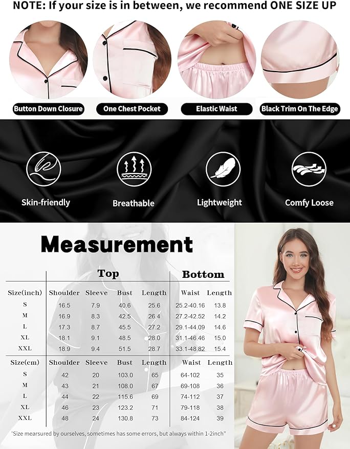 Silk Pajamas for Women Satin Womens PJ Set 2 Piece Short Lounge Set Summer Sleepwear Notch Collar Button-Down Pjs