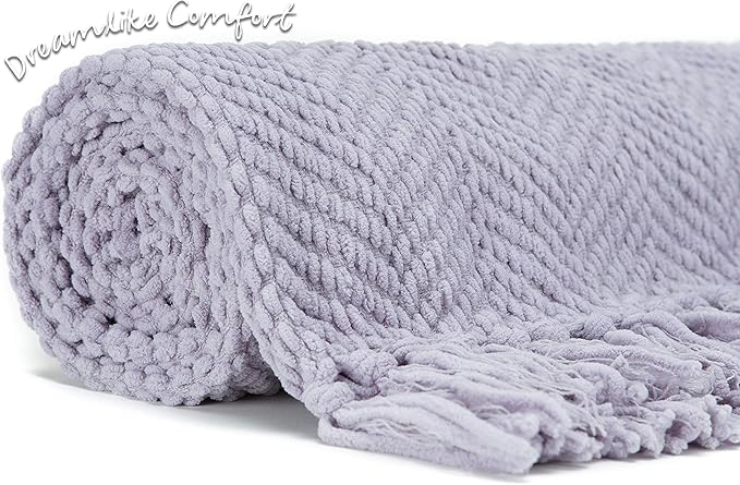 Chanasya Premium Textured Knit Throw Blanket with Tassels - Soft, Cozy Blanket for Couch, Bed, Living Room - 50" x 65” - Misty Lilac